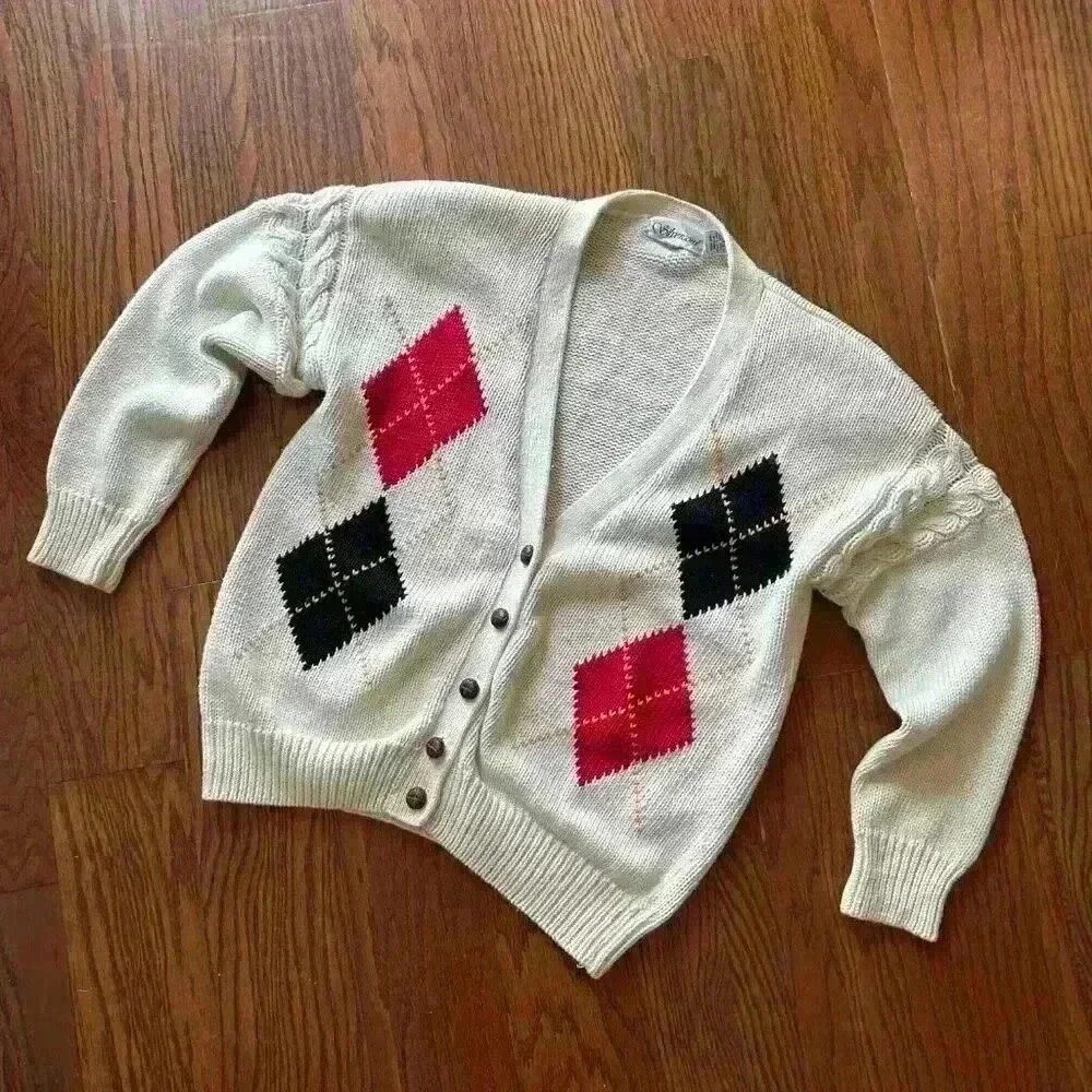 Vintage 90's Argyle Cardigan Sweater Shoulder Pads Country Club Prep size Large